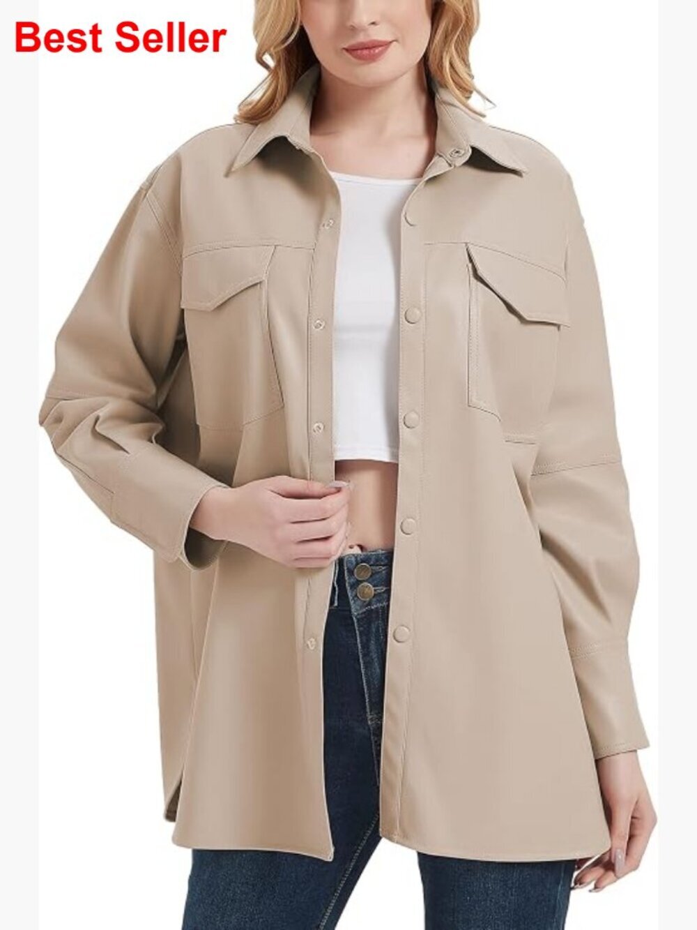 Faux Leather Shacket Jacket, Relaxed Fit, Brushed Lining, Flap Chest Pockets,